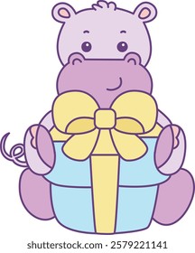 Cute hippo vector icon. Funny baby hippo animal series stock illustration. life of fluffy hippo designs.
Hippo was hugging a gift box