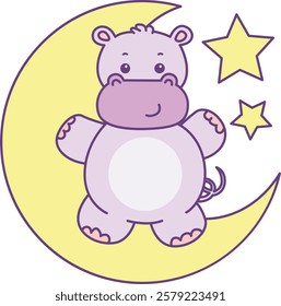 Cute hippo vector icon. Funny baby hippo animal series stock illustration. life of fluffy hippo designs.
Hippo in the moon and stars