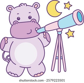 Cute hippo vector icon. Funny baby hippo animal series stock illustration. life of fluffy hippo designs.
Hippo see the moon with telescope