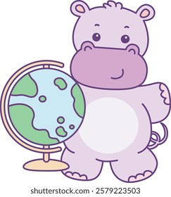 Cute hippo vector icon. Funny baby hippo animal series stock illustration. life of fluffy hippo designs.
Hippo studying with globe