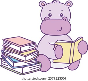 Cute hippo vector icon. Funny baby hippo animal series stock illustration. life of fluffy hippo designs.
Hippo was learning in the library