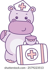 Cute hippo vector icon. Funny baby hippo animal series stock illustration. life of fluffy hippo designs.
Hippo with nurse costume