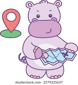 Cute hippo vector icon. Funny baby hippo animal series stock illustration. life of fluffy hippo designs.
Hippo finding a location