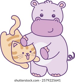 Cute hippo vector icon. Funny baby hippo animal series stock illustration. life of fluffy hippo designs.
Hippo with cute cat