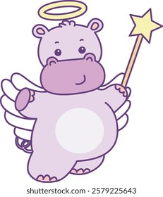 Cute hippo vector icon. Funny baby hippo animal series stock illustration. life of fluffy hippo designs.
Hippo with angel costume cute stars