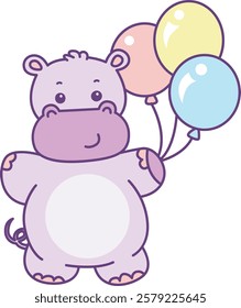 Cute hippo vector icon. Funny baby hippo animal series stock illustration. life of fluffy hippo designs.
Hippo bring a three balloons