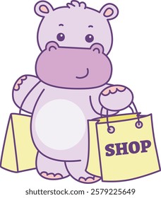 Cute hippo vector icon. Funny baby hippo animal series stock illustration. life of fluffy hippo designs.
Hippo bring a shopping bag