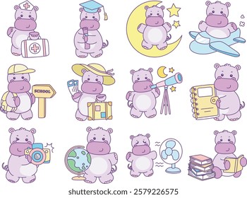 Cute hippo vector icon. Funny baby hippo animal series stock illustration. life of fluffy hippo designs.
Hippo with smart solution of life