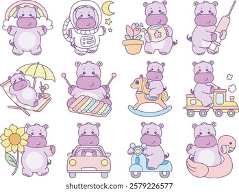 Cute hippo vector icon. Funny baby hippo animal series stock illustration. life of fluffy hippo designs.
Cute Hippo with variation of transportation and unique daily life