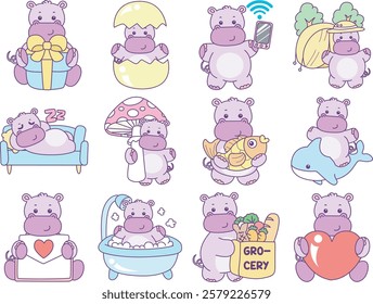 Cute hippo vector icon. Funny baby hippo animal series stock illustration. life of fluffy hippo designs.
Funny Hippo with love and gift decoration