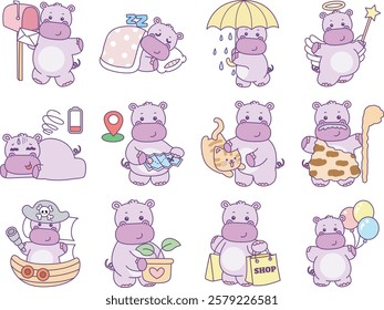 Cute hippo vector icon. Funny baby hippo animal series stock illustration. life of fluffy hippo designs.
Hippo with variation of daily life and cute decoration