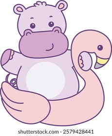 Cute hippo vector icon. Funny baby hippo animal series stock illustration. life of fluffy hippo designs.
A hippo wearing a flamingo tire