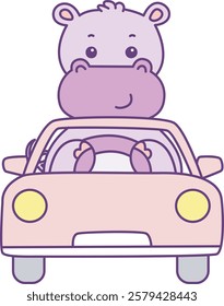 Cute hippo vector icon. Funny baby hippo animal series stock illustration. life of fluffy hippo designs.
A hippo driving a car