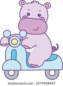 Cute hippo vector icon. Funny baby hippo animal series stock illustration. life of fluffy hippo designs.
 A hippo driving a motorcycle