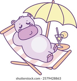 Cute hippo vector icon. Funny baby hippo animal series stock illustration. life of fluffy hippo designs.
A hippo lay in the beach