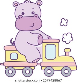 Cute hippo vector icon. Funny baby hippo animal series stock illustration. life of fluffy hippo designs.
A hippo riding a train