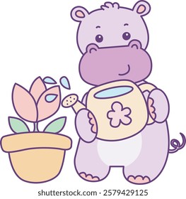 Cute hippo vector icon. Funny baby hippo animal series stock illustration. life of fluffy hippo designs.
A hippo watering a plants