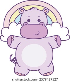 Cute hippo vector icon. Funny baby hippo animal series stock illustration. life of fluffy hippo designs.
A hippo in front of rainbow