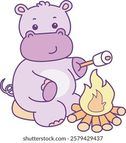 Cute hippo vector icon. Funny baby hippo animal series stock illustration. life of fluffy hippo designs.
A hippo roasting a marshmallow