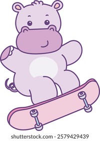 Cute hippo vector icon. Funny baby hippo animal series stock illustration. life of fluffy hippo designs.
A hippo playing a skateboard