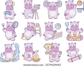 Cute hippo vector icon. Funny baby hippo animal series stock illustration. life of fluffy hippo designs.
A hippo in the variation of sport and move