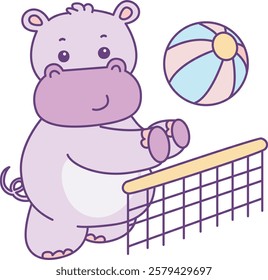 Cute hippo vector icon. Funny baby hippo animal series stock illustration. life of fluffy hippo designs.
A hippo playing a volley ball