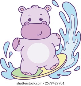 Cute hippo vector icon. Funny baby hippo animal series stock illustration. life of fluffy hippo designs. A hippo playing a surfing