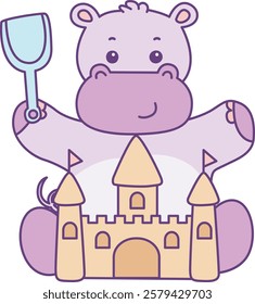 Cute hippo vector icon. Funny baby hippo animal series stock illustration. life of fluffy hippo designs.
A hippo playing a sand castle