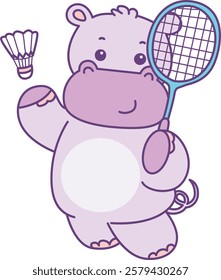 Cute hippo vector icon. Funny baby hippo animal series stock illustration. life of fluffy hippo designs. A hippo playing a badminton