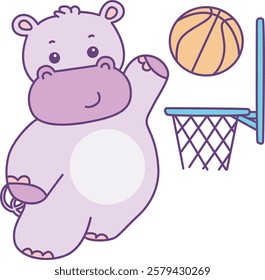 Cute hippo vector icon. Funny baby hippo animal series stock illustration. life of fluffy hippo designs.
A hippo playing a basket ball