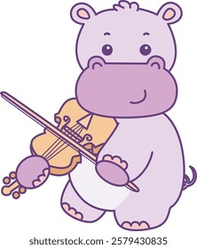 Cute hippo vector icon. Funny baby hippo animal series stock illustration. life of fluffy hippo designs.
 A hippo playing a violin