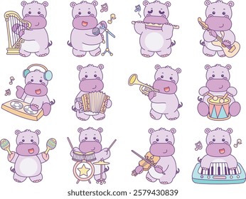 Cute hippo vector icon. Funny baby hippo animal series stock illustration. life of fluffy hippo designs.
A hippo in the variation of music instrumental