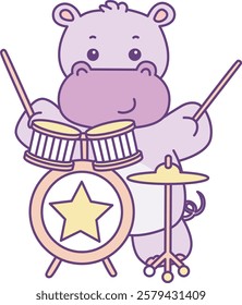 Cute hippo vector icon. Funny baby hippo animal series stock illustration. life of fluffy hippo designs.
A hippo playing a drum