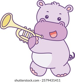 Cute hippo vector icon. Funny baby hippo animal series stock illustration. life of fluffy hippo designs.
A hippo playing a trumpet