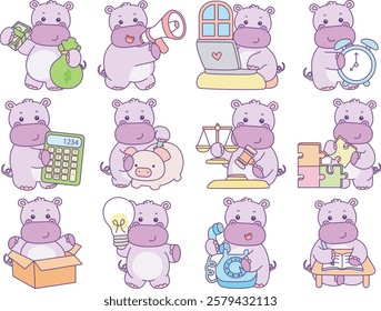 Cute hippo vector icon. Funny baby hippo animal series stock illustration. life of fluffy hippo designs.
Variation of smart hippo