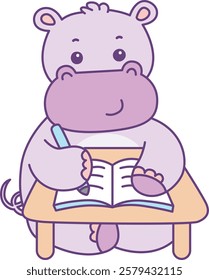 Cute hippo vector icon. Funny baby hippo animal series stock illustration. life of fluffy hippo designs.
A hippo study in the table