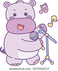 Cute hippo vector icon. Funny baby hippo animal series stock illustration. life of fluffy hippo designs.
A hippo sing a song