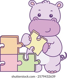 Cute hippo vector icon. Funny baby hippo animal series stock illustration. life of fluffy hippo designs.
A hippo playing a puzzle