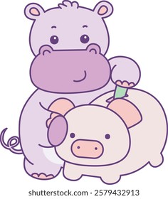 Cute hippo vector icon. Funny baby hippo animal series stock illustration. life of fluffy hippo designs.
A hippo saving money in the piggy bank