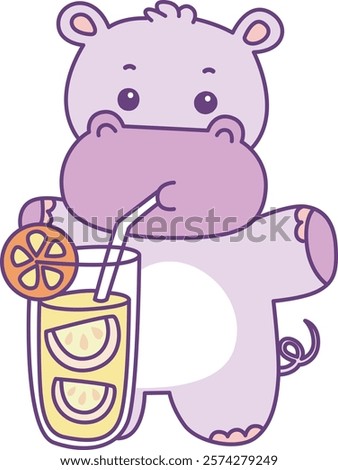 Cute hippo vector icon. Funny baby hippo animal series stock illustration. life of fluffy hippo designs.
Hippo drinking the orange juice