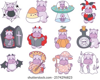 Cute hippo vector icon with Halloween theme. Funny baby hippo animal Halloween illustration.
Happy halloween with hippo character