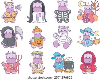 Cute hippo vector icon with Halloween theme. Funny baby hippo animal Halloween illustration.
Variation of halloween's hippo costume