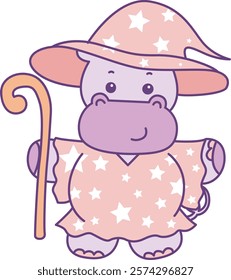 Cute hippo vector icon with Halloween theme. Funny baby hippo animal Halloween illustration.
Hippo with pink witch costume