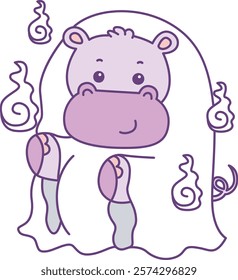 Cute hippo vector icon with Halloween theme. Funny baby hippo animal Halloween illustration.
Hippo with white ghost dress