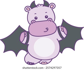 Cute hippo vector icon with Halloween theme. Funny baby hippo animal Halloween illustration.
Baby hippo with bat costume