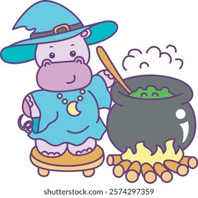 Cute hippo vector icon with Halloween theme. Funny baby hippo animal Halloween illustration.
Witch hippo cooking the potion