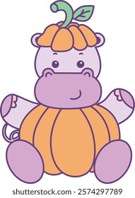 Cute hippo vector icon with Halloween theme. Funny baby hippo animal Halloween illustration.
Baby hippo with pumpkin costume