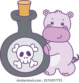 Cute hippo vector icon with Halloween theme. Funny baby hippo animal Halloween illustration.
Hippo hugging a toxic potion