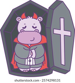 Cute hippo vector icon with Halloween theme. Funny baby hippo animal Halloween illustration.
Baby vampire hippo in the coffin