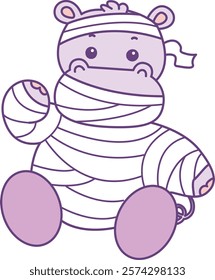 Cute hippo vector icon with Halloween theme. Funny baby hippo animal Halloween illustration.
Baby hippo like a mummy